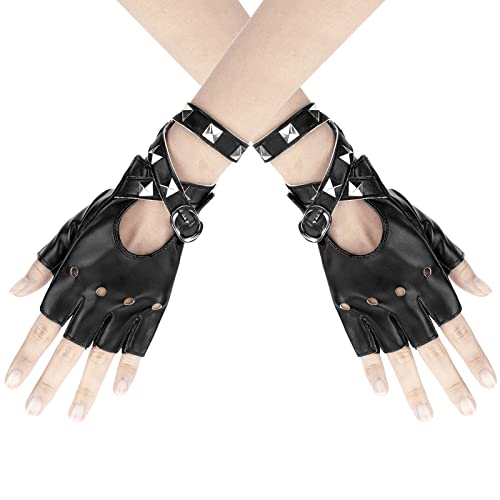 Newellsail 1 Paar Punk Handschuhe Nieten Halbfinger Handschuhe Fingerlose Rock Handschuhe Damen Mädchen Lederhandschuhe für Tanz, Hip Hop, Performance, Pole Dance, Cosplay, Party (Schwarz) von Newellsail