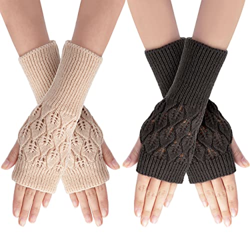 Newellsail 2 Paar Fingerlose Handschuhe Winter Warme Halb Fingerhandschuhe mit Daumenloch Winterhandschuhe Wärmer Strick Kurzer Gestrickte Fingerlose für Damen Mädchen (Beige & Dunkelgrau) von Newellsail