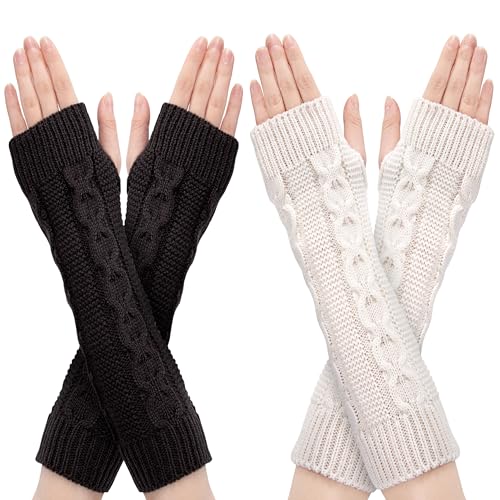 Newellsail Armstulpen Damen Fingerlose Handschuhe Armwärmer Winter Stricken Wärmer Lange Handschuh Daumenloch Fäustling 2 Paar (Weiß und Dunkelgrau) von Newellsail