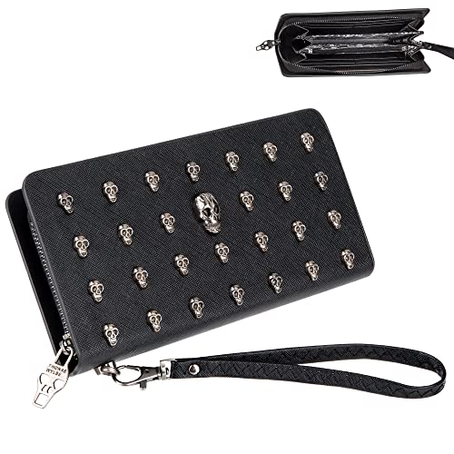 Newellsail Damen Lange Geldbörse PU Leder Reißverschluss Clutch Totenkopf Dekorative Portemonnaie Gothic-Stil Münztasche (Schwarz) von Newellsail