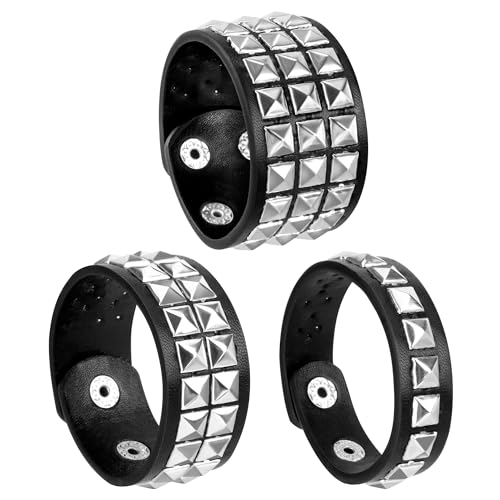 Newellsail Leder Niet Armband Gothic Punk Leder Armbänder Vintage Verstellbare Stud Handschlaufe für Halloween Party Gefallen 3 Stück (Schwarz) von Newellsail