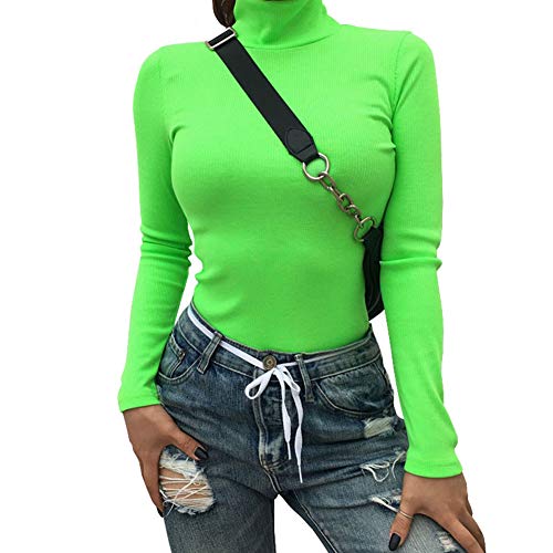 Damen Fluoreszierender Neon-Rollkragenpullover, hoher Halsausschnitt, langärmelig, dehnbarer Pullover - Gr�n - Mittel von Newfancy