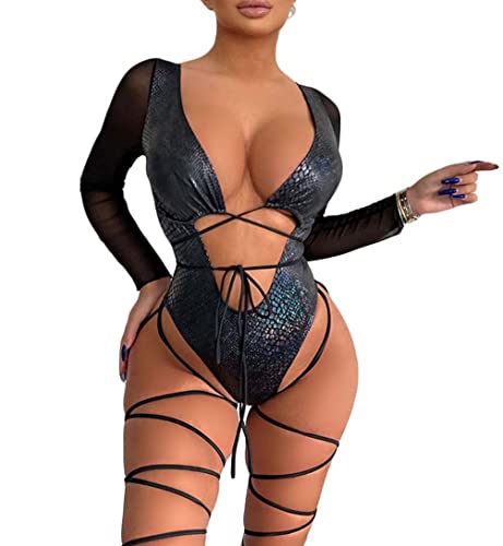 Damen Rave Wear Einteiliger Body Schlangenhaut-Print Sexy Beinringe Badeanzug für Festival Tanz Rave Kleidung, Glänzende Netzärmel Schwarz, M von Newfancy