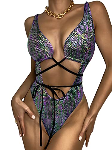 Newfancy Damen Rave Wear Einteiler Bodysuit Schlangenhaut Print Sexy Beinringe Badeanzug für Festival Tanzen Rave Kleidung, Violett/Grün, Small von Newfancy