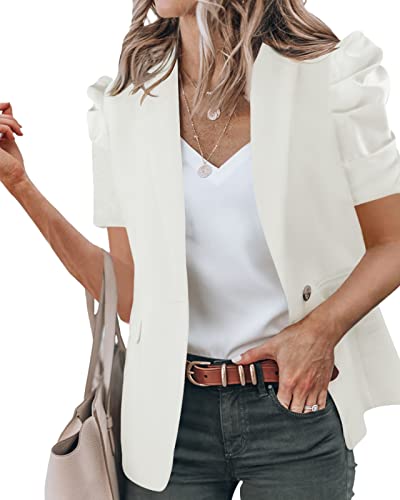 Newffr Damen Sommer Blazer Casual Puffärmel Offene Front Büro Blazer Bussiness Jacken Kurzarm Arbeitsanzug, Weiss/opulenter Garten, L von Newffr