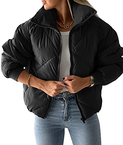 Newffr Damen Steppjacke mit langen Ärmeln, durchgehender Reißverschluss, Taschen, warm, kurze Bläschenmäntel, schwarz, Small von Newffr