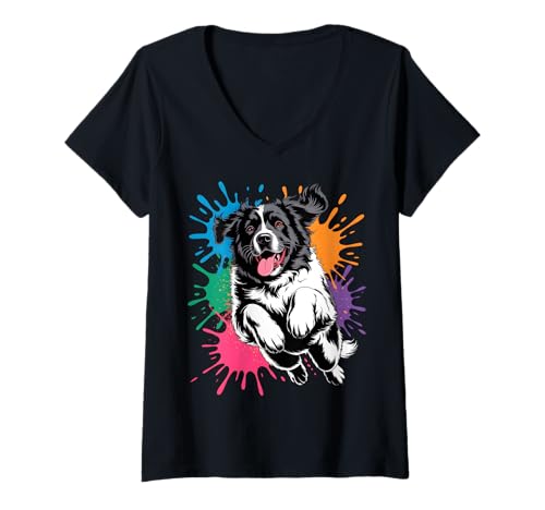 Damen Springender Neufundländer Hund T-Shirt mit V-Ausschnitt Damen Springender Neufundländer Hund T-Shirt mit V-Ausschnitt von Newfie Splash Crew