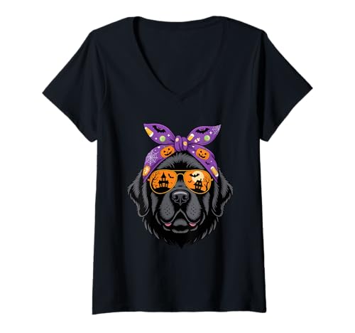 Damen Halloween Bandana Newfoundland Dog T-Shirt mit V-Ausschnitt Damen Halloween Bandana Newfoundland Dog T-Shirt mit V-Ausschnitt von Newfoundland Dog Lover Gifts
