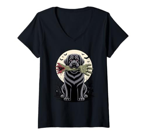 Damen Halloween Mond Zombie Hand Newfoundland Dog Newfie T-Shirt mit V-Ausschnitt von Newfoundland Dog Lover Gifts