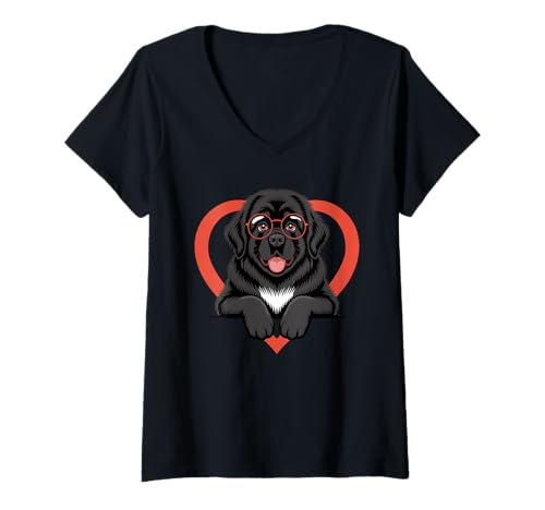 Damen Heart Newfoundland Dog Glasses Newfie T-Shirt mit V-Ausschnitt Damen Heart Newfoundland Dog Glasses Newfie T-Shirt mit V-Ausschnitt von Newfoundland Dog Lover Gifts
