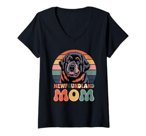 Damen Retro Newfoundland Mom Newfie T-Shirt mit V-Ausschnitt von Newfoundland Dog Lover Gifts