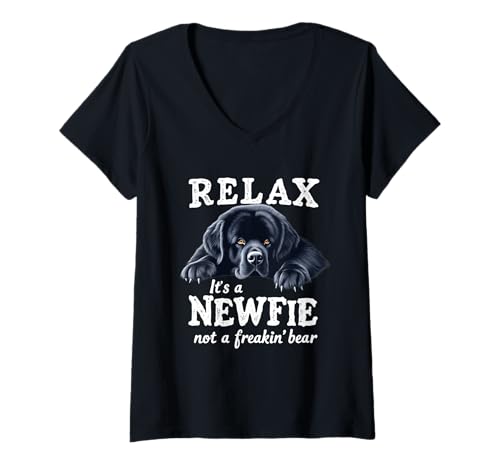 Damen Relax It's a Newfie Not a Bear Lustiger Neufundländer Hundeliebhaber T-Shirt mit V-Ausschnitt von Newfoundland Dog Lovers Designs