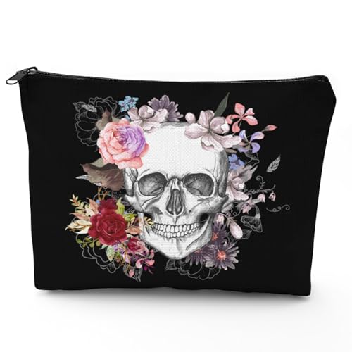 Halloween-Kosmetiktasche mit Totenkopf-Blumen, Gothic-Blumenmuster, große Kapazität, Make-up-Tasche, Mädchen, Gothic-Skelett, Reißverschluss, Reisetasche, schwarz, tragbare Toilettenartikel mit Futter Halloween-Kosmetiktasche mit Totenkopf-Blumen, Gothic-Blumenmuster, große Kapazität, Make-up-Tasche, Mädchen, Gothic-Skelett, Reißverschluss, Reisetasche, schwarz, tragbare Toilettenartikel mit Futter von Newhomestyle