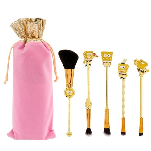5 Stück Spongebob Make-up Pinsel Set mit Beutel, Anime Kollektion für Foundation Blush Lidschatten Gesicht Concealer Eyeliner Kontur Puder Liquid Eye,Pinsels mit Metall Material Beutel von Newhope