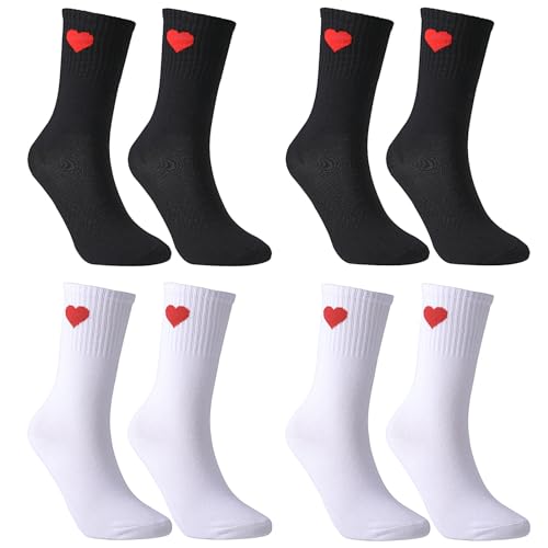 Newofview 4 Paar Damen Socken,lässige Socken,Stoppersocken mit Herz motiv,Haussocken Weiß tennissocken damen Kuschelsocken Schwarz Sportsocken Damen aus Baumwolle von Newofview