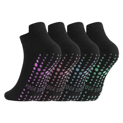 Newofview 4 Paar Yoga Socken Anti-Rutsch-Socken Damen Herren 38-43,Stoppersocken Rutschfeste Socken für Pilates Yoga Barre Tanz Ballett Trampolin Fitness Krankenhaus Reha von Newofview