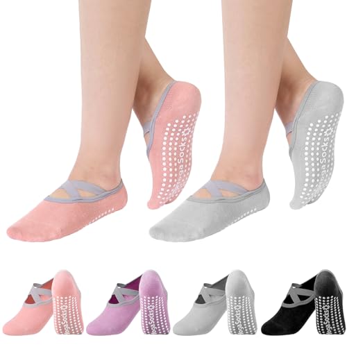 Newofview 4 Paar Yoga Socken,Antirutsch Socken Damen,Pilates Socken mit Kreuzgurten,Rutschfeste Socken für Damen und Herren Pilates,Barre,Ballett,Tanz,Barfuß,Trampolin,Zuhause,Krankenhaus von Newofview