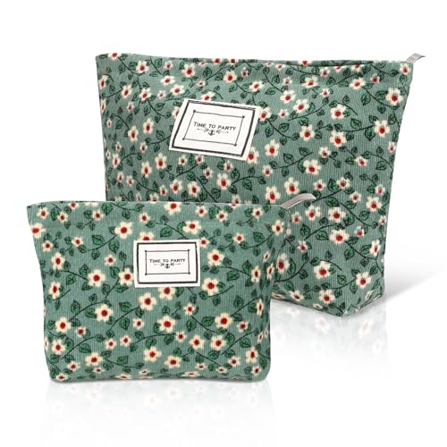 Newofview Kosmetiktasche Kulturtasche, 2 Stück Kulturtasche Cord Makeup Tasche Tragbar Reise Kosmetiktasche Organizer mit Reißverschluss, 2 Größen Cord Kosmetiktaschenset für Damen Mädchen (Green) von Newofview