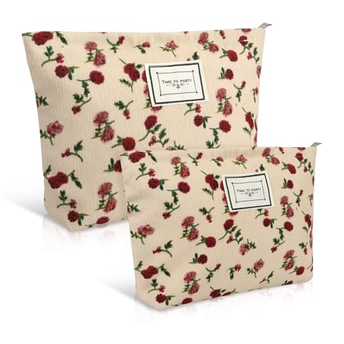 Newofview Kosmetiktasche Kulturtasche, 2Stück Kulturtasche Cord Makeup Tasche Tragbar Reise Kosmetiktasche Organizer mit Reißverschluss, 2Größen Cord Kosmetiktaschenset für Damen Mädchen(Beige Rose) von Newofview