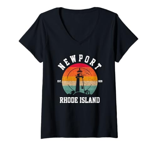 Damen Newport Rhode Island Leuchtturm Nautical Retro RI Pride T-Shirt mit V-Ausschnitt Damen Newport Rhode Island Leuchtturm Nautical Retro RI Pride T-Shirt mit V-Ausschnitt von Newport Rhode Island - Apparel & Gifts
