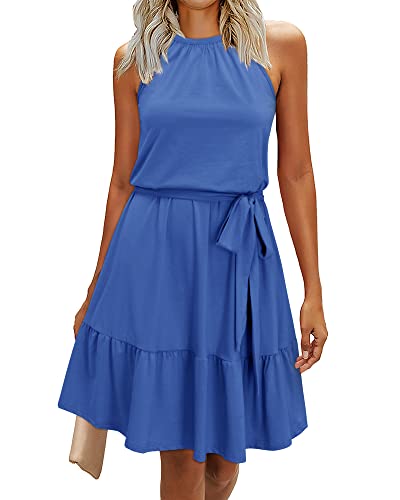 Newshows Sommerkleid Damen Knielang Elegant Kleid Neckholder Sommer Ärmellos Freizeitkleider mit Taschen(Blau, Klein) von Newshows