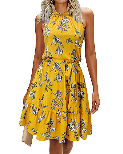 Newshows Sommerkleid Damen Knielang Elegant Kleid Neckholder Sommer Ärmellos Freizeitkleider mit Taschen(Floral-2, Groß) von Newshows