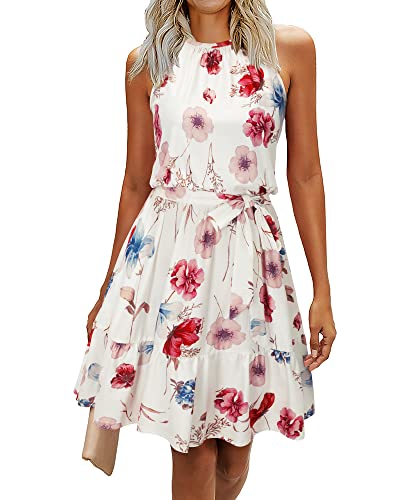 Newshows Sommerkleid Damen Knielang Elegant Kleid Neckholder Sommer Ärmellos Freizeitkleider mit Taschen(Floral-4, X-Groß) von Newshows