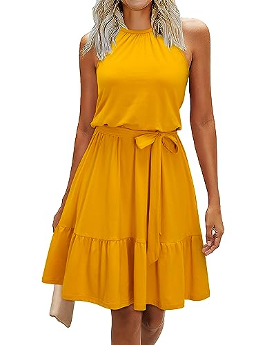 Newshows Sommerkleid Damen Knielang Elegant Kleid Neckholder Sommer Ärmellos Freizeitkleider mit Taschen(Gelb, Groß) von Newshows