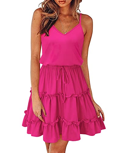 Newshows Sommerkleid Damen Knielang Spaghettiträger Kleid V-Ausschnitt Strandkleider(Rosenrot, Klein) von Newshows