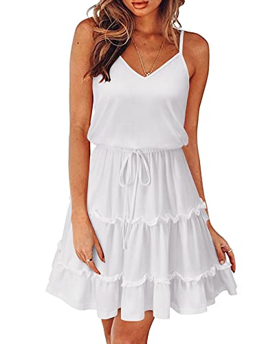 Newshows Sommerkleid Damen Knielang Spaghettiträger Kleid V-Ausschnitt Strandkleider(Weiß, Mittel) von Newshows