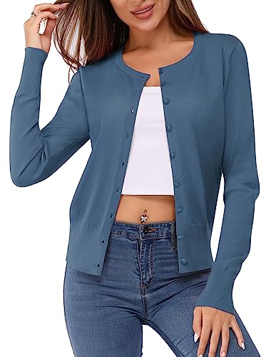 Newshows Damen Leichte Strickjacke Langarm Klassisch Rundhalsstrickjacke Casual Cardigan Strickmantel mit Knöpfen(Blau-01,Klein) von Newshows