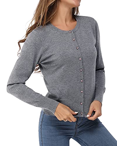 Newshows Damen Leichte Strickjacke Langarm Klassisch Rundhalsstrickjacke Casual Cardigan Strickmantel mit Knöpfen(Grau,XX-Groß) von Newshows