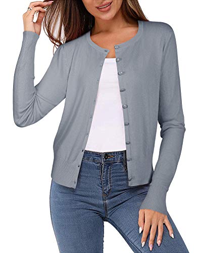 Newshows Damen Leichte Strickjacke Langarm Klassisch Rundhalsstrickjacke Casual Cardigan Strickmantel mit Knöpfen(Grau Blau,Groß) von Newshows