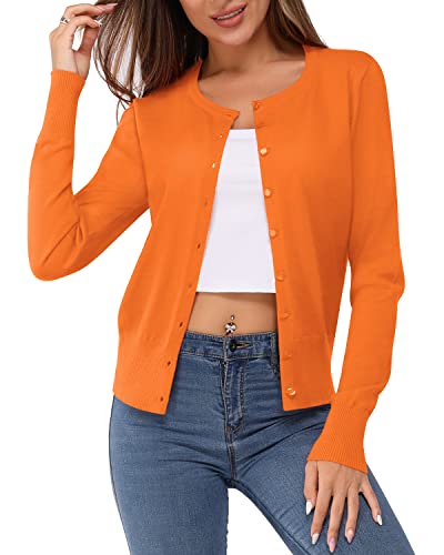 Newshows Damen Leichte Strickjacke Langarm Klassisch Rundhalsstrickjacke Casual Cardigan Strickmantel mit Knöpfen(Orange,Groß) von Newshows