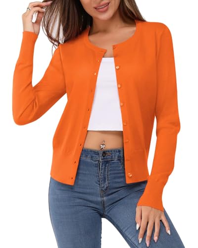 Newshows Damen Leichte Strickjacke Langarm Klassisch Rundhalsstrickjacke mit Knöpfen Casual Cardigan Strickmantel(Orange,S) von Newshows