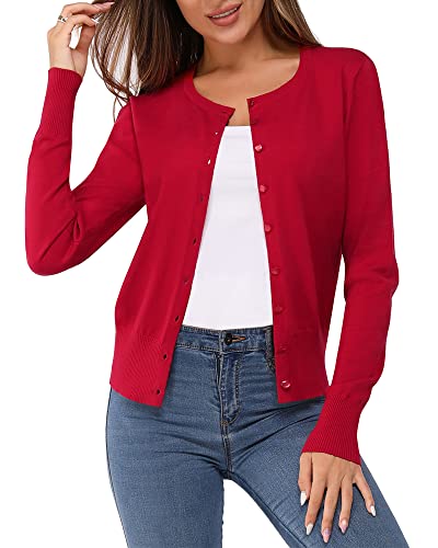 Newshows Damen Leichte Strickjacke Langarm Klassisch Rundhalsstrickjacke Casual Cardigan Strickmantel mit Knöpfen(Purpurrot Red,Groß) von Newshows