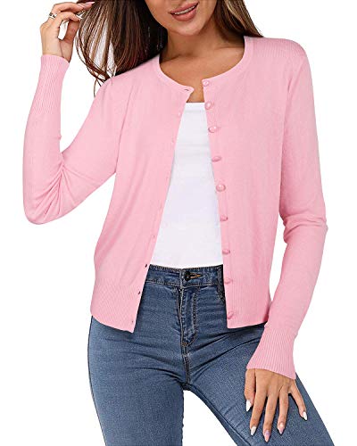 Newshows Damen Leichte Strickjacke Langarm Klassisch Rundhalsstrickjacke Casual Cardigan Strickmantel mit Knöpfen(Rosa,Groß) von Newshows