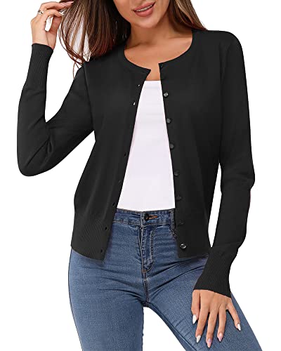 Newshows Damen Leichte Strickjacke Langarm Klassisch Rundhalsstrickjacke mit Knöpfen Casual Cardigan Strickmantel(Schwarz,XL) von Newshows