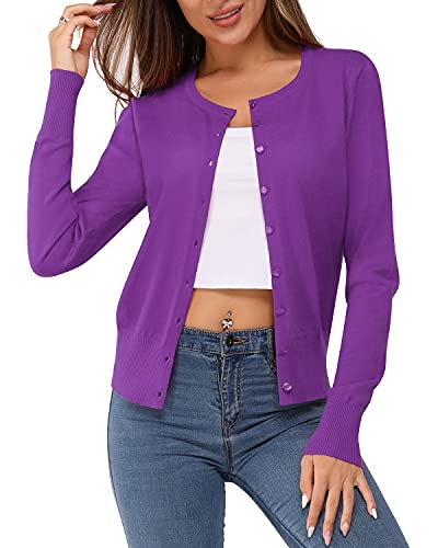 Newshows Damen Leichte Strickjacke Langarm Klassisch Rundhalsstrickjacke Casual Cardigan Strickmantel mit Knöpfen(Violett,Groß) von Newshows