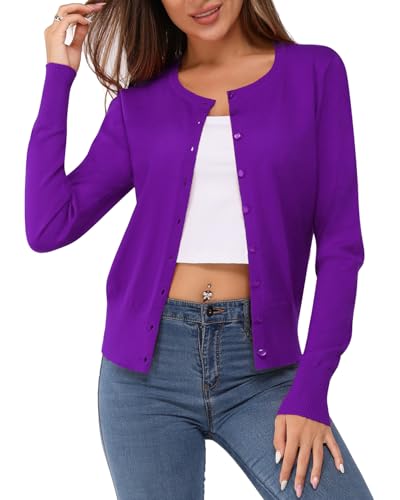 Newshows Damen Leichte Strickjacke Langarm Klassisch Rundhalsstrickjacke mit Knöpfen Casual Cardigan Strickmantel(Violett,XL) von Newshows