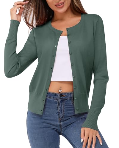 Newshows Damen Leichte Strickjacke Langarm Grau Grün Klassisch Rundhalsstrickjacke mit Knöpfen Casual Cardigan Strickmantel(XL) von Newshows