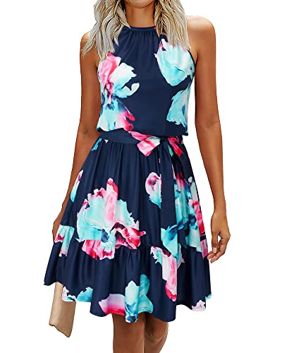 Newshows Sommerkleid Damen Knielang Elegant Kleid Neckholder Sommer Ärmellos Freizeitkleider mit Taschen(Floral-3, Groß) von Newshows