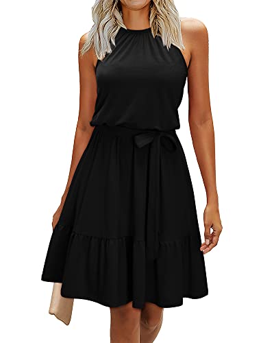 Newshows Sommerkleid Damen Knielang Elegant Kleid Neckholder Sommer Ärmellos Freizeitkleider mit Taschen(Schwarz, M) von Newshows