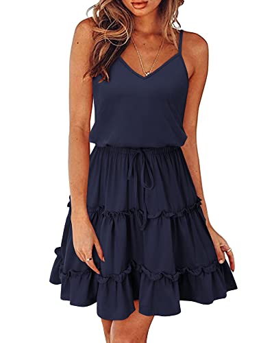Newshows Sommerkleid Damen Knielang Spaghettiträger Kleid V-Ausschnitt Strandkleider(Marine, Klein) von Newshows