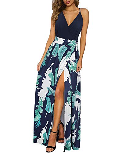 Newshows Sommerkleid Damen Lang Maxikleid Sommer V Ausschnitt Kleid Schlitz Freizeitkleid Elegant für Hochzeitsgast(Floral 01,Groß) von Newshows