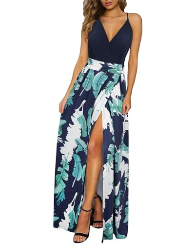 Newshows Sommerkleid Damen Lang Maxikleid Sommer V Ausschnitt Kleid Schlitz Freizeitkleid Elegant für Hochzeitsgast(Floral 01,X-Groß) von Newshows