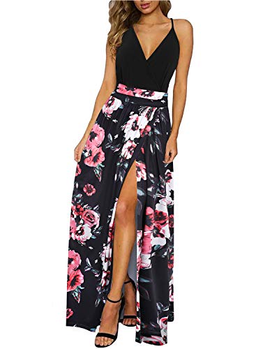 Newshows Sommerkleid Damen Lang Maxikleid Sommer V Ausschnitt Kleid Schlitz Freizeitkleid Elegant für Hochzeitsgast(Floral 02,Klein) von Newshows