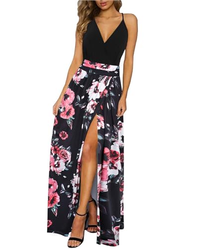 Newshows Sommerkleid Damen Lang Maxikleid Sommer V Ausschnitt Kleid Schlitz Freizeitkleid Elegant für Hochzeitsgast(Floral 02,XX-Groß) von Newshows