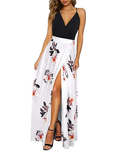 Newshows Sommerkleid Damen Lang Maxikleid Sommer V Ausschnitt Kleid Schlitz Freizeitkleid Elegant für Hochzeitsgast(Floral 03,Groß) von Newshows