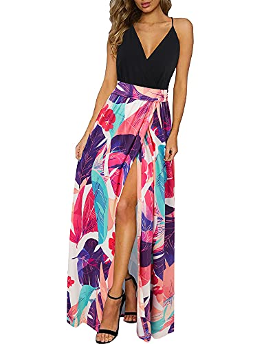 Newshows Sommerkleid Damen Lang Maxikleid Sommer V Ausschnitt Kleid Schlitz Freizeitkleid Elegant für Hochzeitsgast(Floral 04,Klein) von Newshows